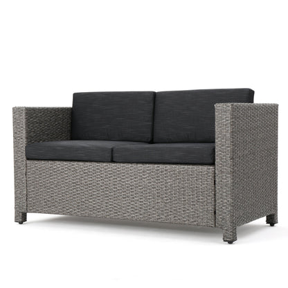 Puerta 4-Piece Outdoor Furniture Set gray wicker with dark cushions by HouseOfZazla on Tampa Home & Garden Store