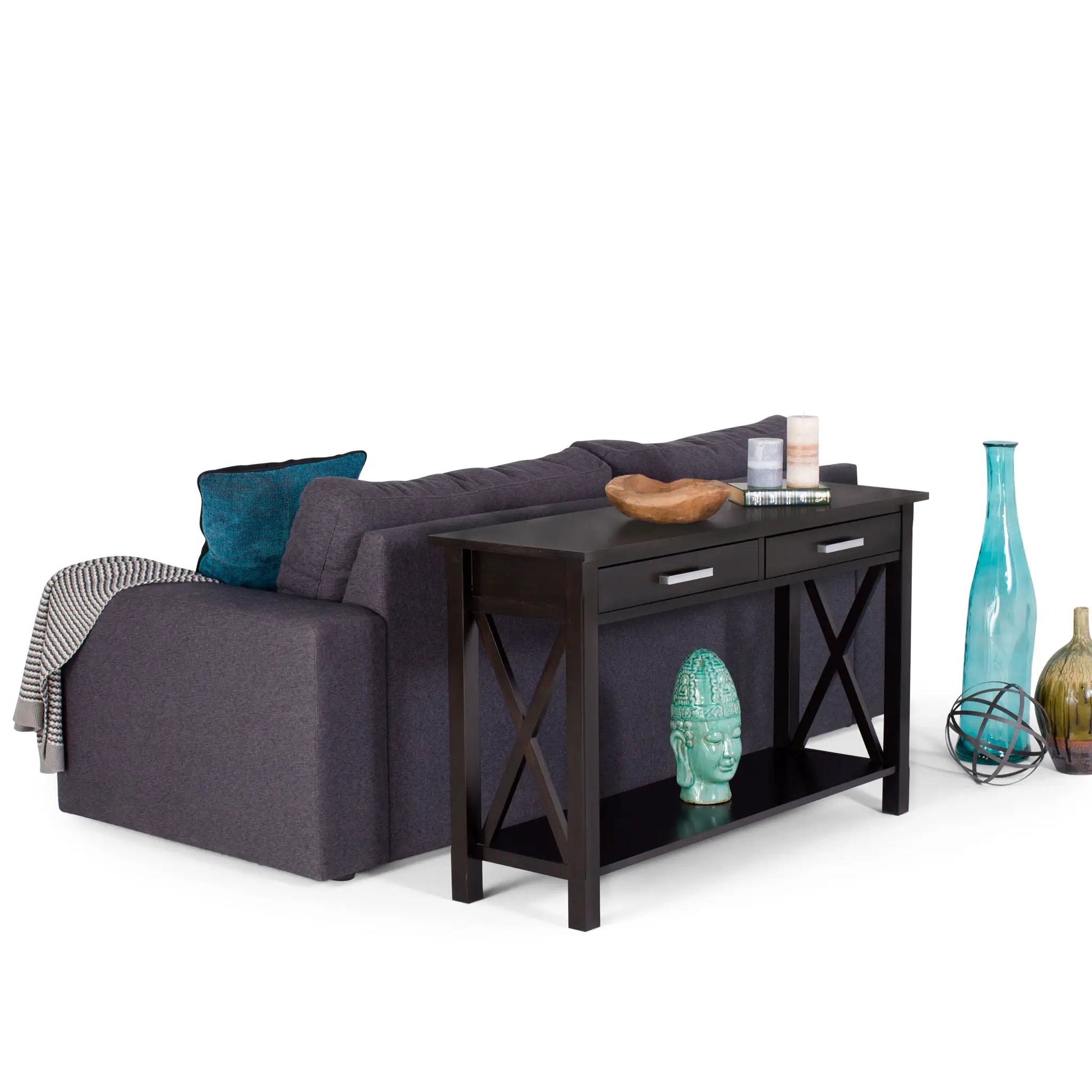 Kitchener Handcrafted Console Table in dark wood with crisscross legs; candles on top on Tampa Home & Garden Store