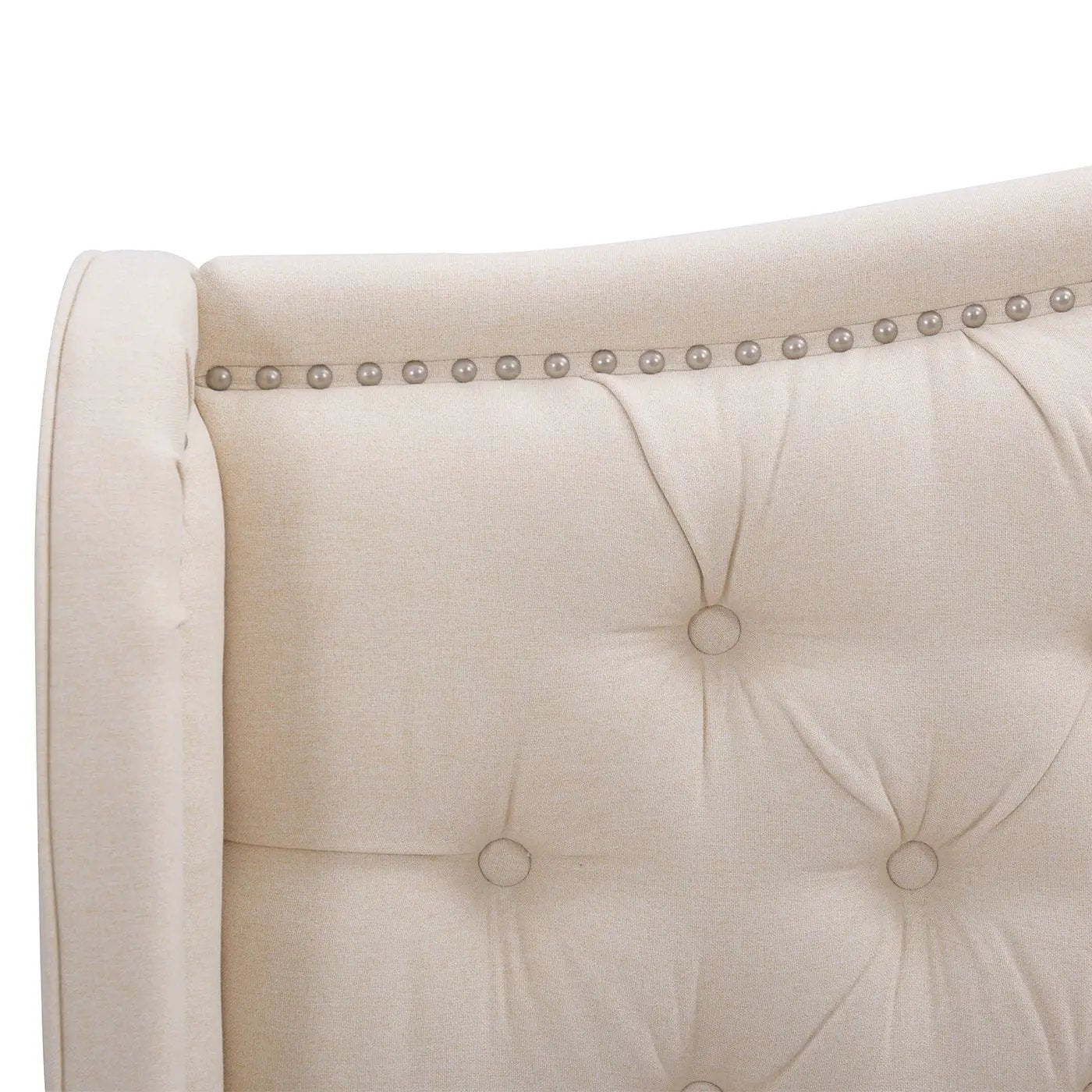 Marcella Upholstered Shelter Headboard Bed Set in beige fabric with nailhead trim on Tampa Home & Garden Store