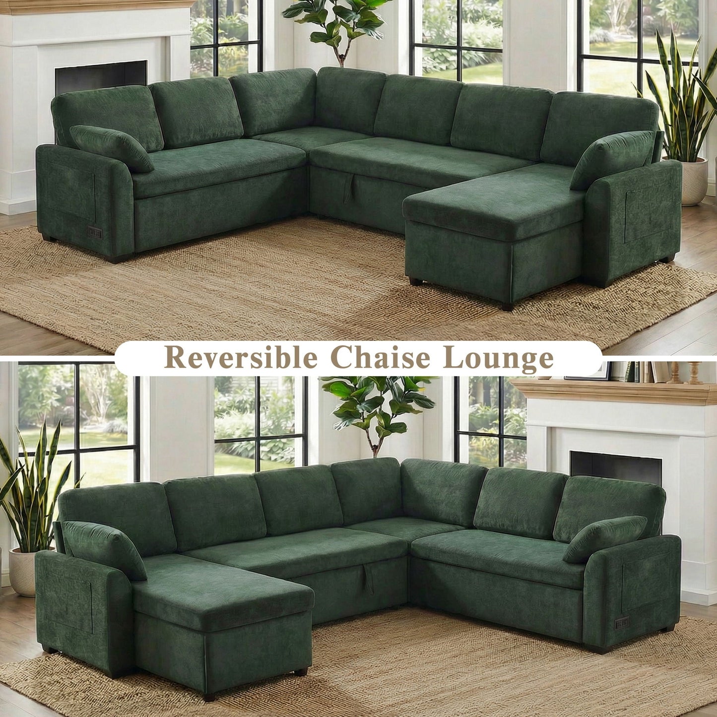 HouseOfZazla green velvet U-shaped convertible sectional sofa bed with reversible chaise on Tampa Home & Garden Store