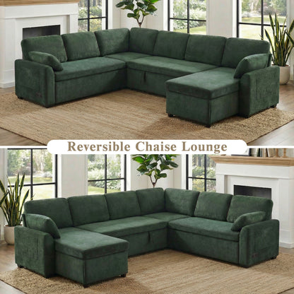 HouseOfZazla green velvet U-shaped convertible sectional sofa bed with reversible chaise on Tampa Home & Garden Store
