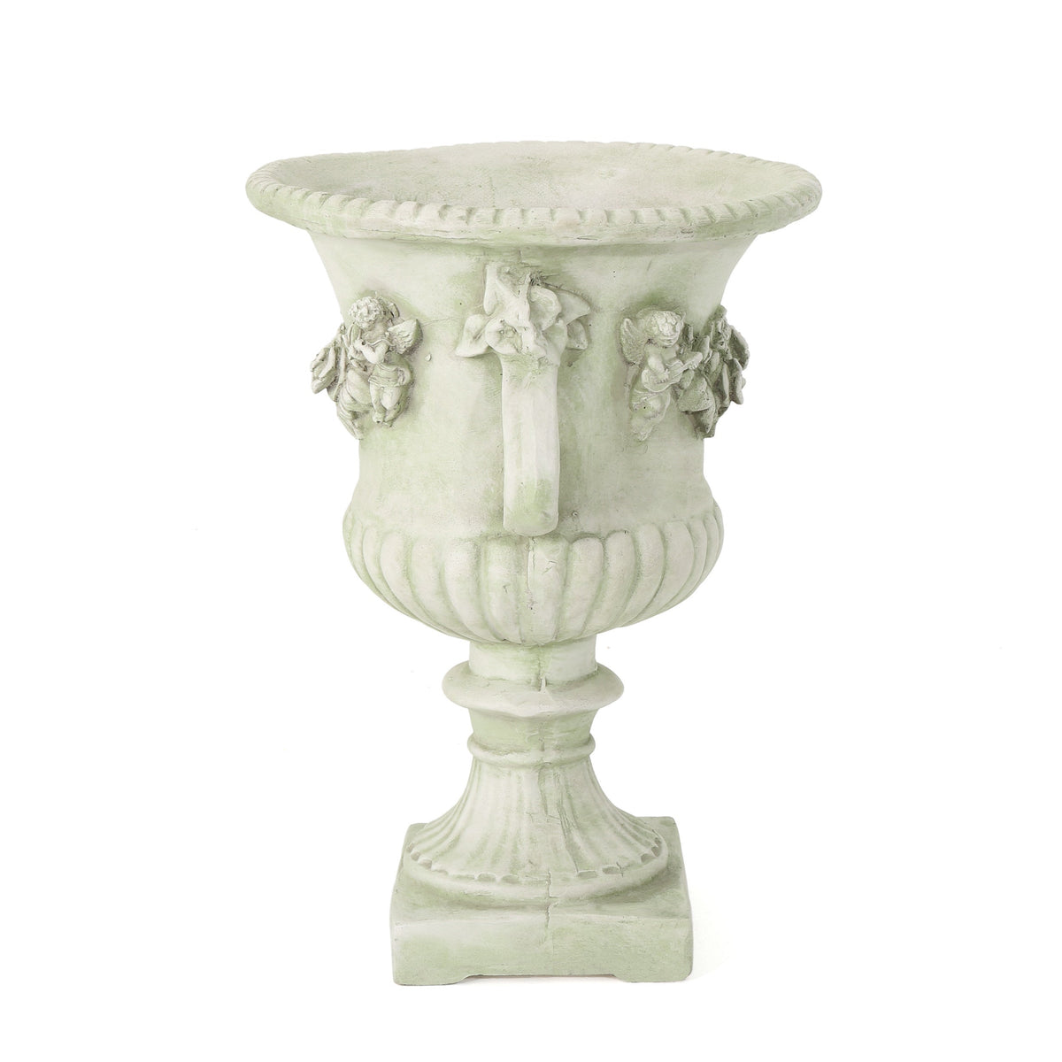 MGO Garden Urn Planter by HouseOfZazla, stone-green urn with rope rim and floral relief on Tampa Home & Garden Store