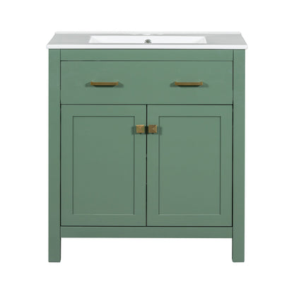 Modern Bathroom Vanity with Ceramic Sink, sage-green cabinet and brass handles by HouseOfZazla on Tampa Home & Garden Store