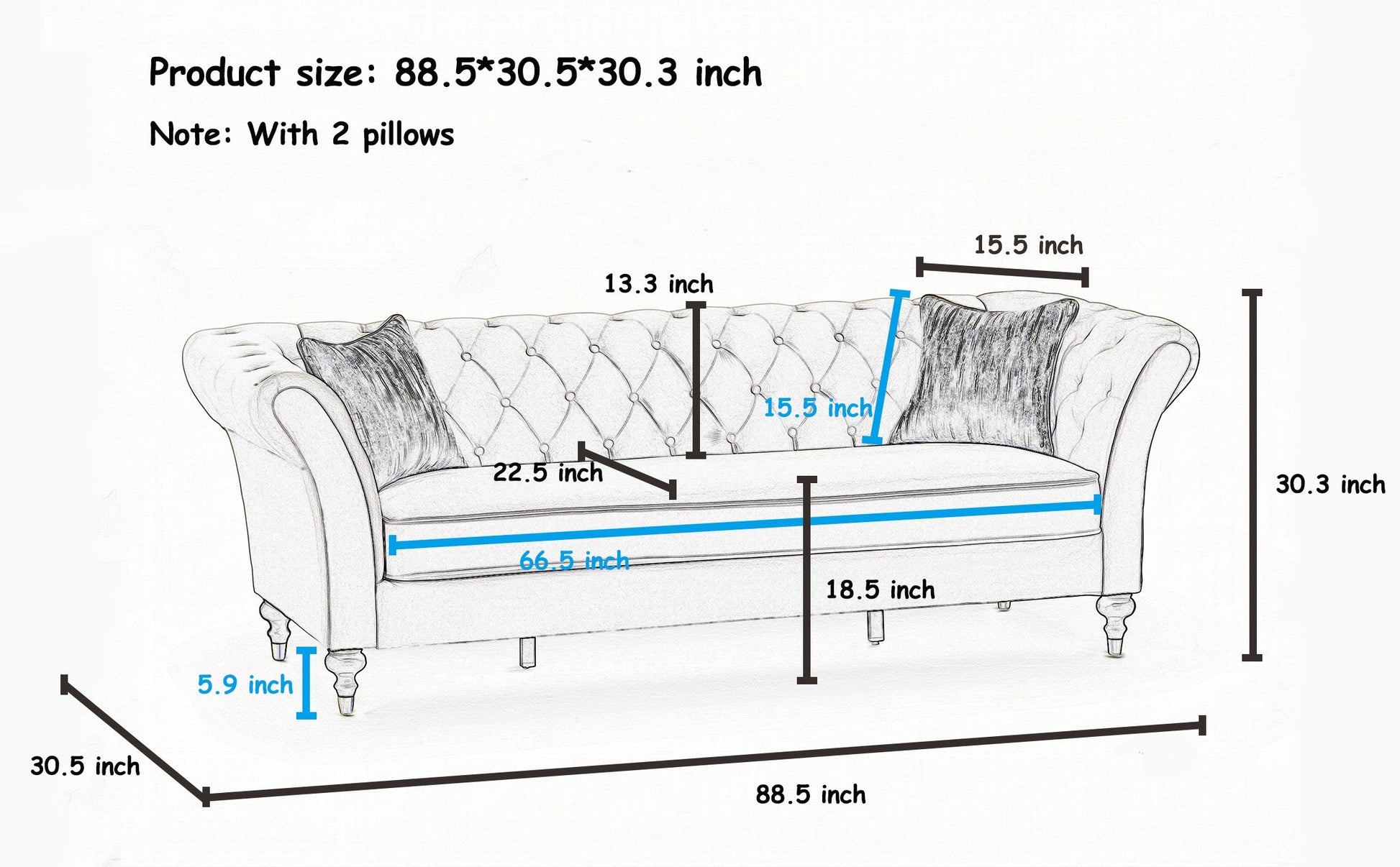 88.5in Chesterfield Sofa HouseOfZazla tufted back rolled arms with 2 pillows on Tampa Home & Garden Store