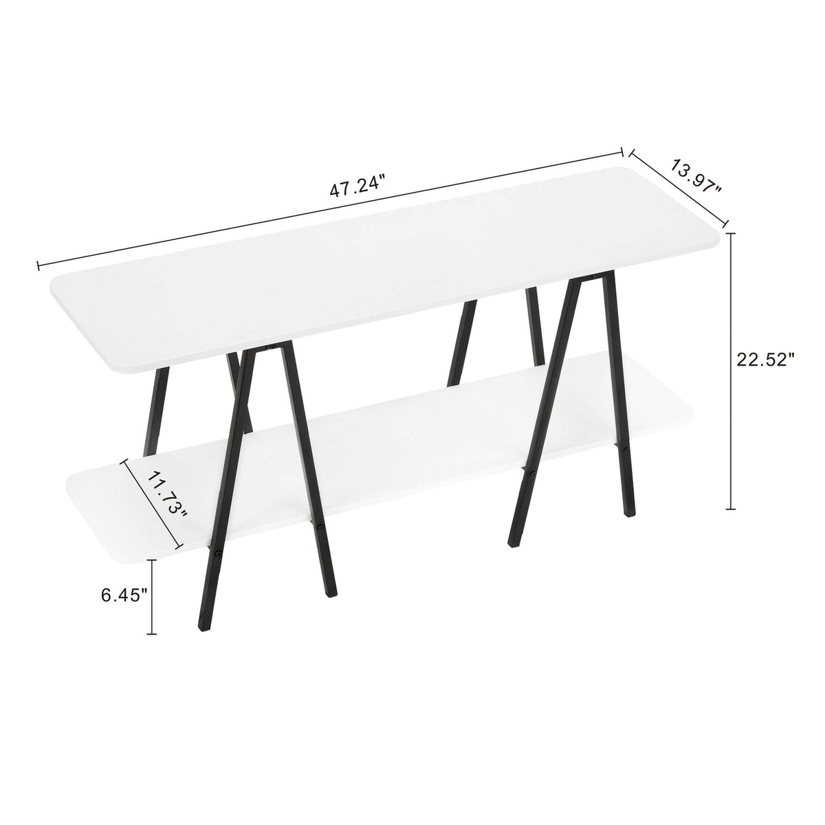 Modern console table with white top and black carbon steel legs, 2-tier design on Tampa Home & Garden Store