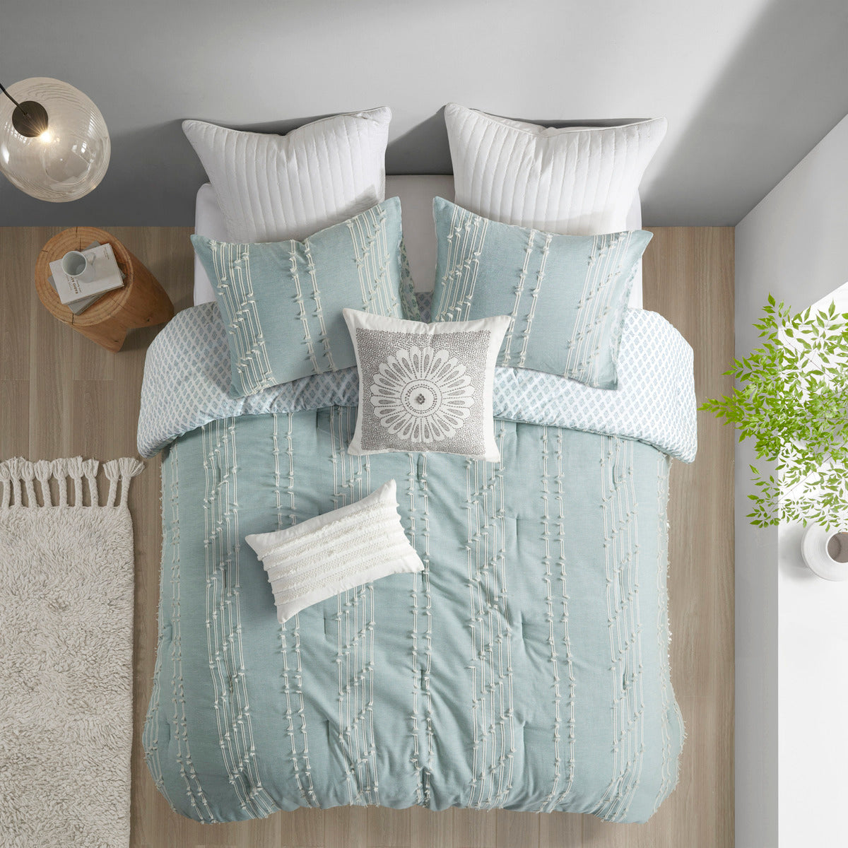 Cotton Jacquard Reversible Aqua and Ivory Set