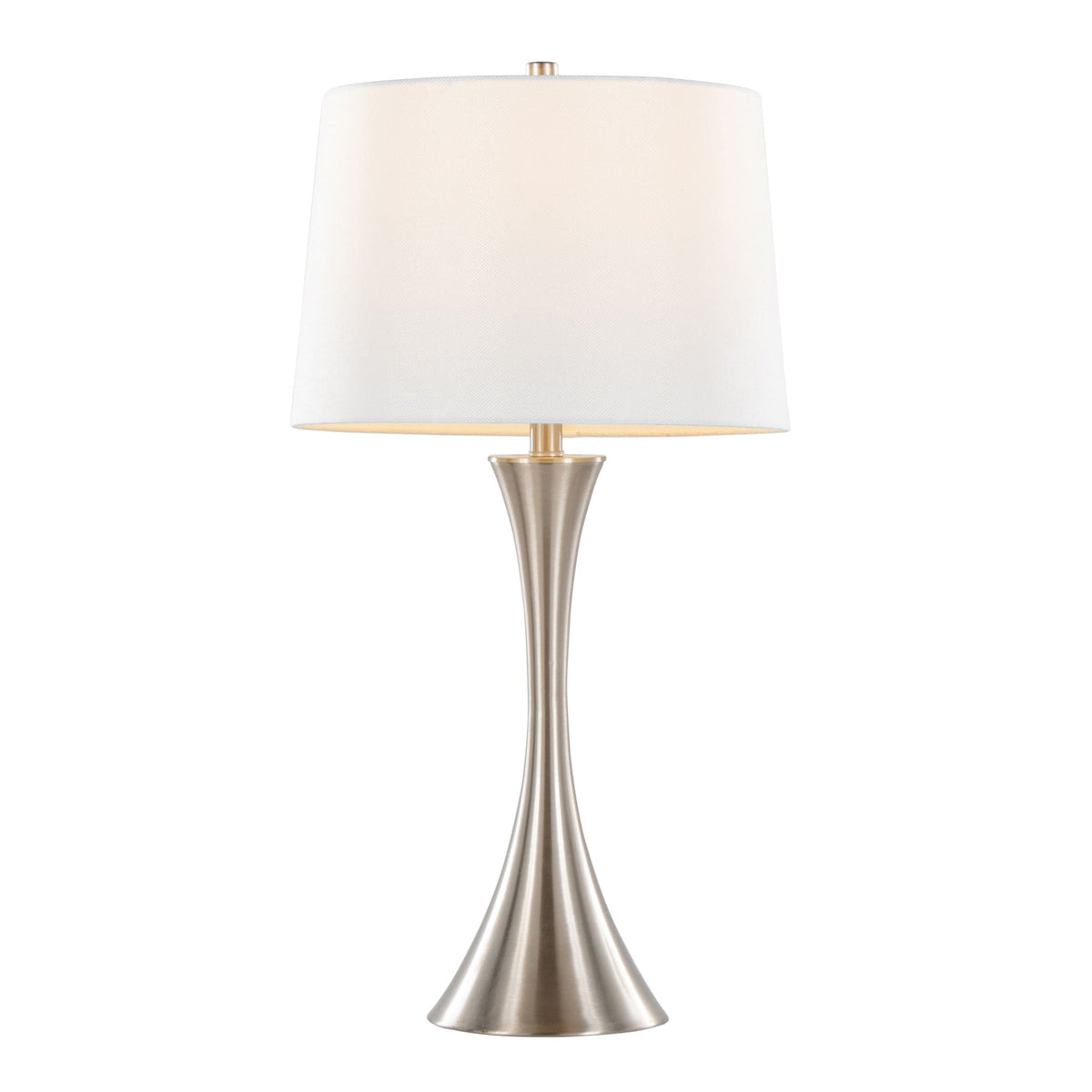 Lenuxe contemporary elegant table lamp with cream fabric shade and brushed metal base on Tampa Home & Garden Store