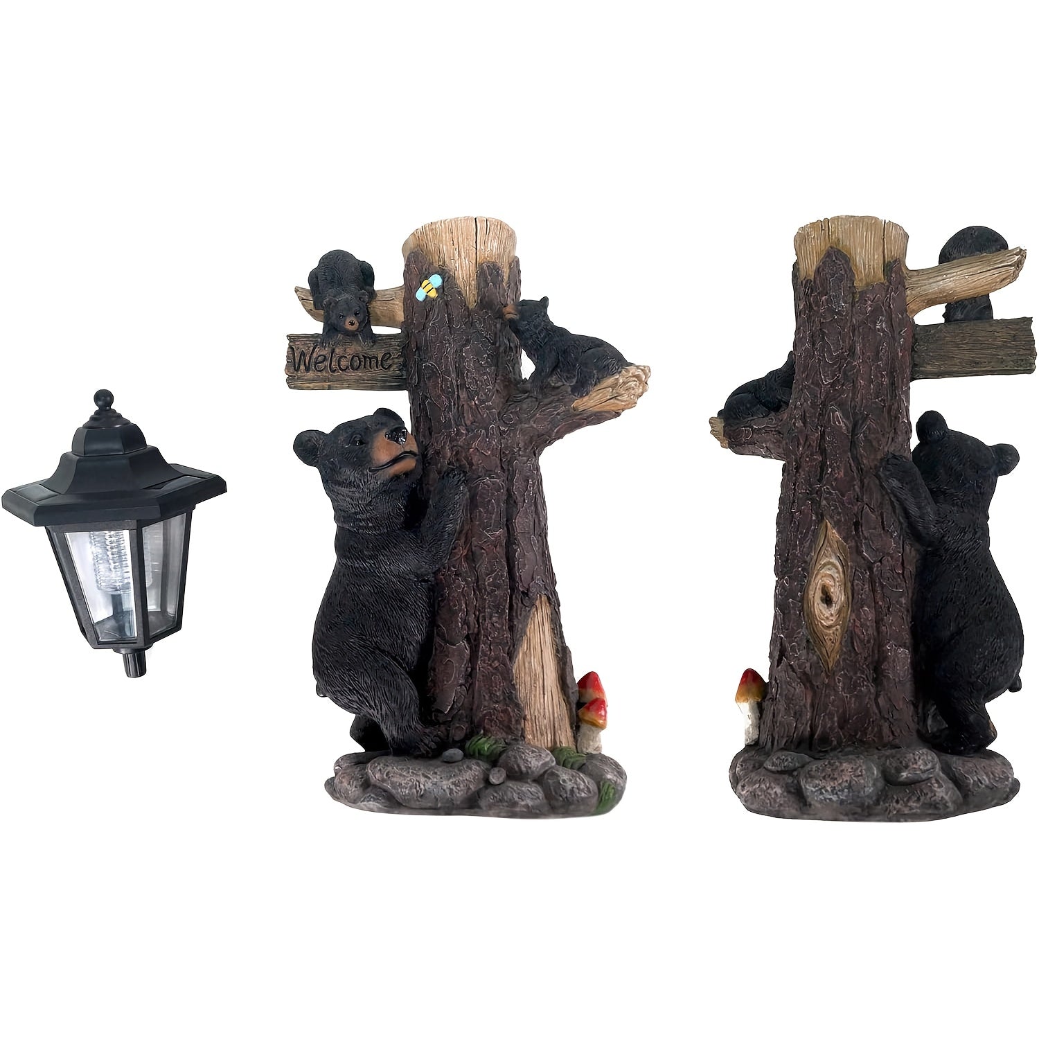 Black bear statues garden decor with Welcome sign and solar light, two bears on tree trunks on Tampa Home & Garden Store