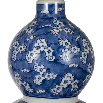 Ceramic vase lamp in blue and white with white floral pattern, round two-tier design on Tampa Home & Garden Store