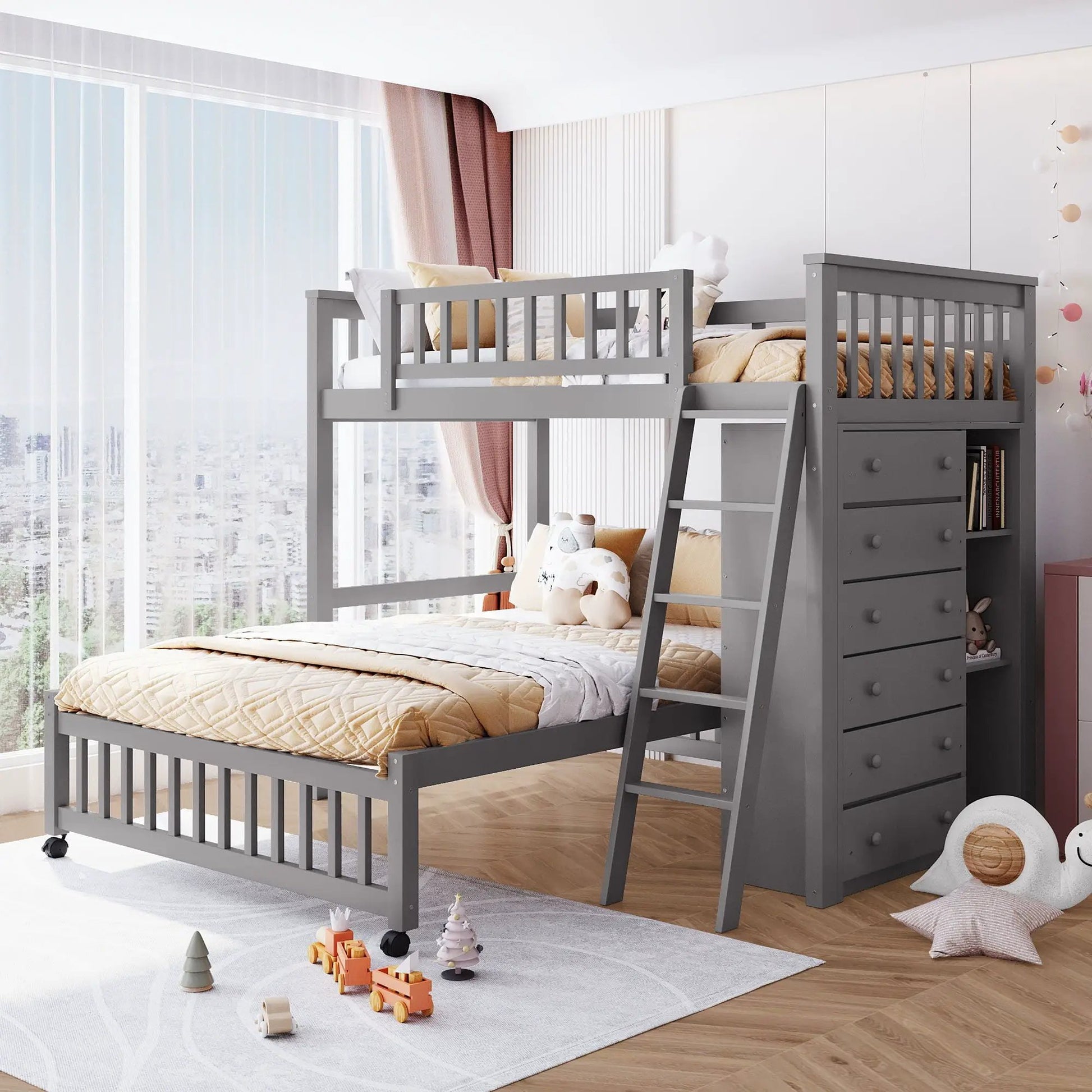 Gray bunk bed with built-in 6-drawer chest and flexible shelves, bottom bed on wheels on Tampa Home & Garden Store
