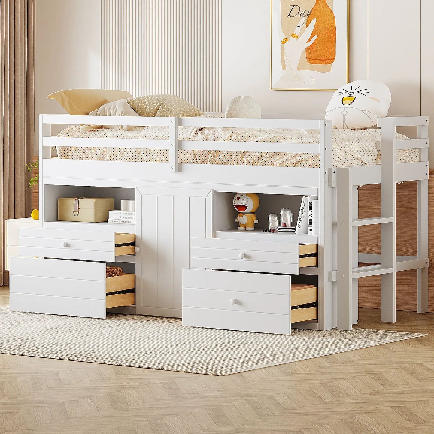 Loft Bed with Drawers and Shelves under Cabinet