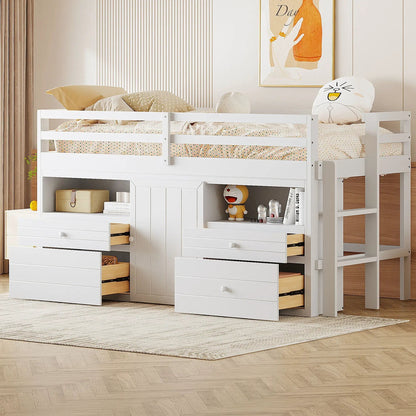 Loft Bed with Drawers and Shelves under Cabinet