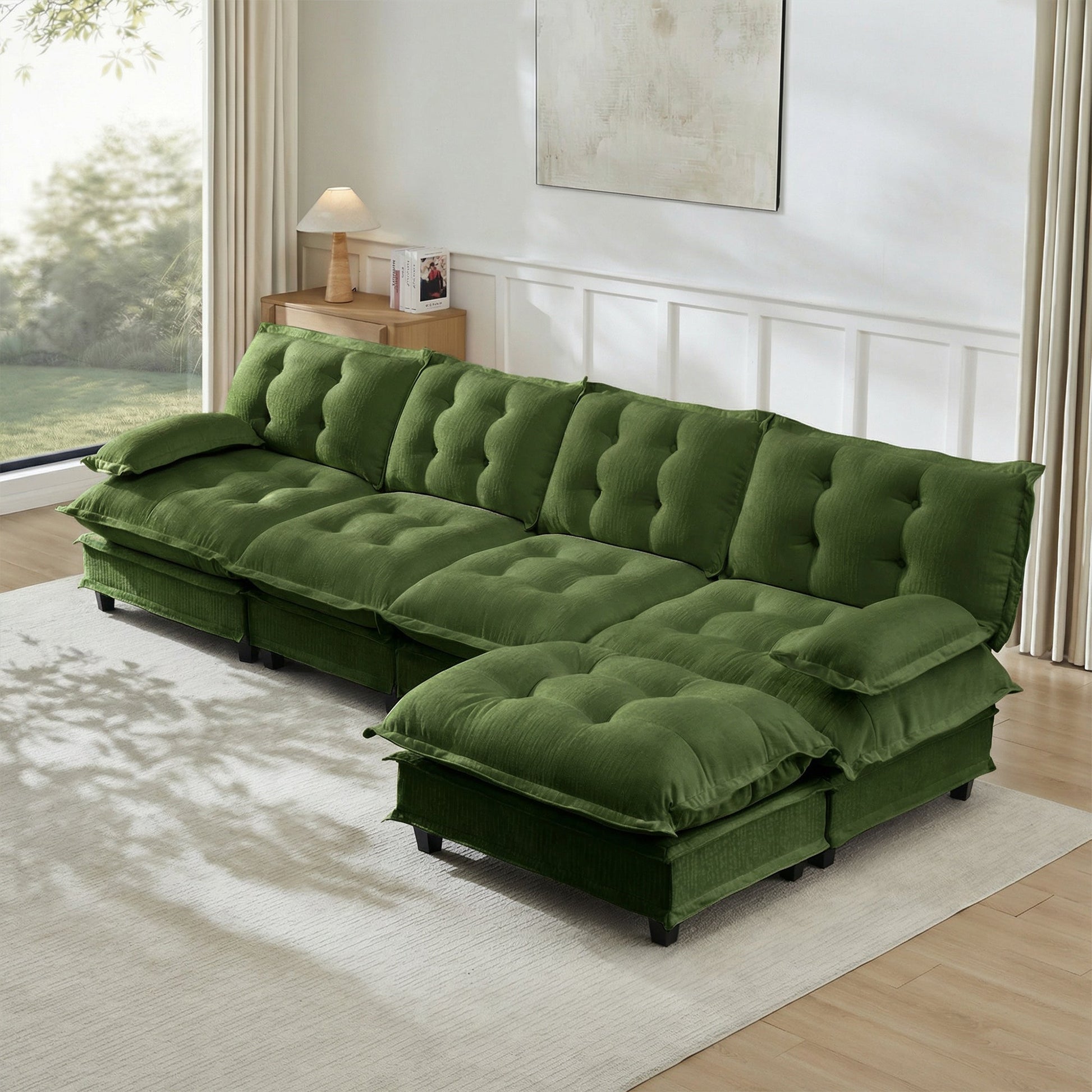 Sofa 138in L-shaped cloud couch with ottoman in green tufted fabric by HouseOfZazla on Tampa Home & Garden Store