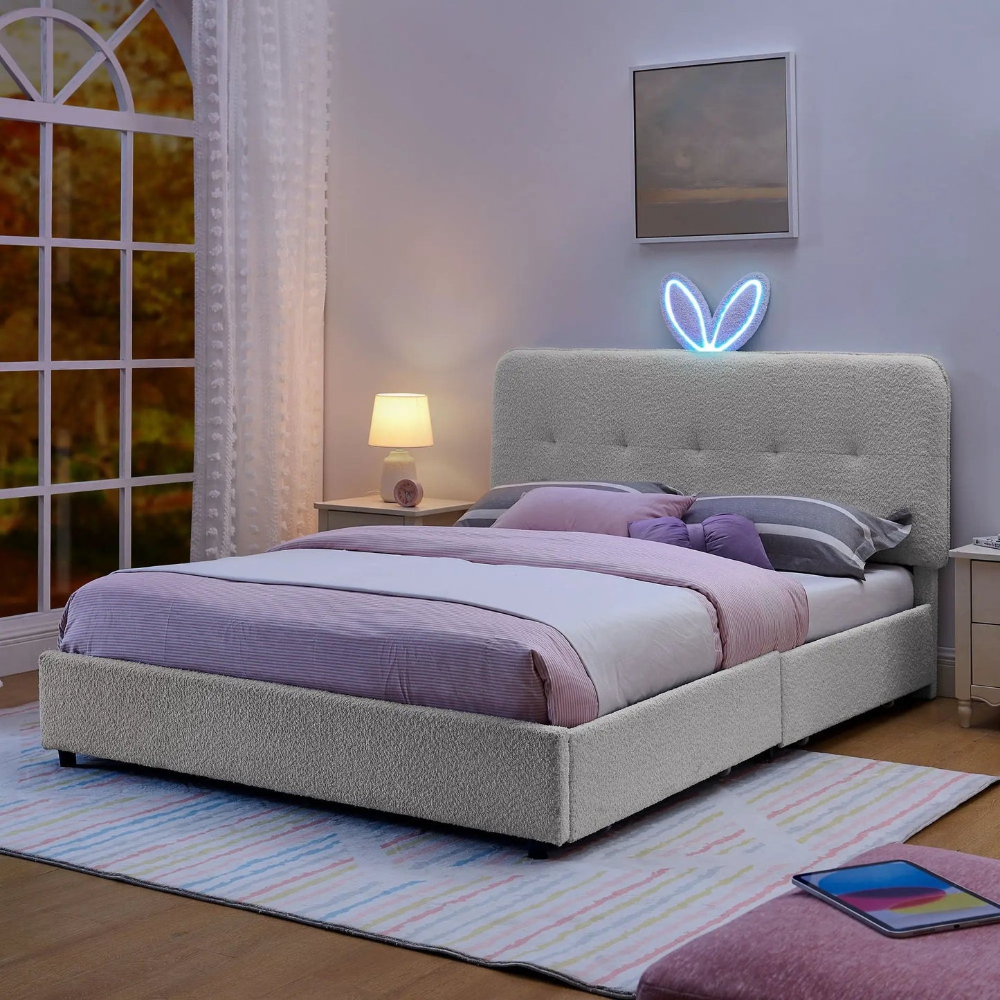 Upholstered Bed with Rabbit Ear Headboard and LED