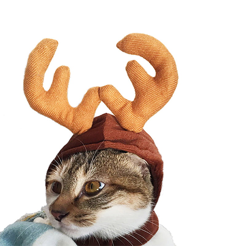 Cat costume reindeer antler headband, brown hood with plush orange antlers, Pet Zen on Tampa Home & Garden Store