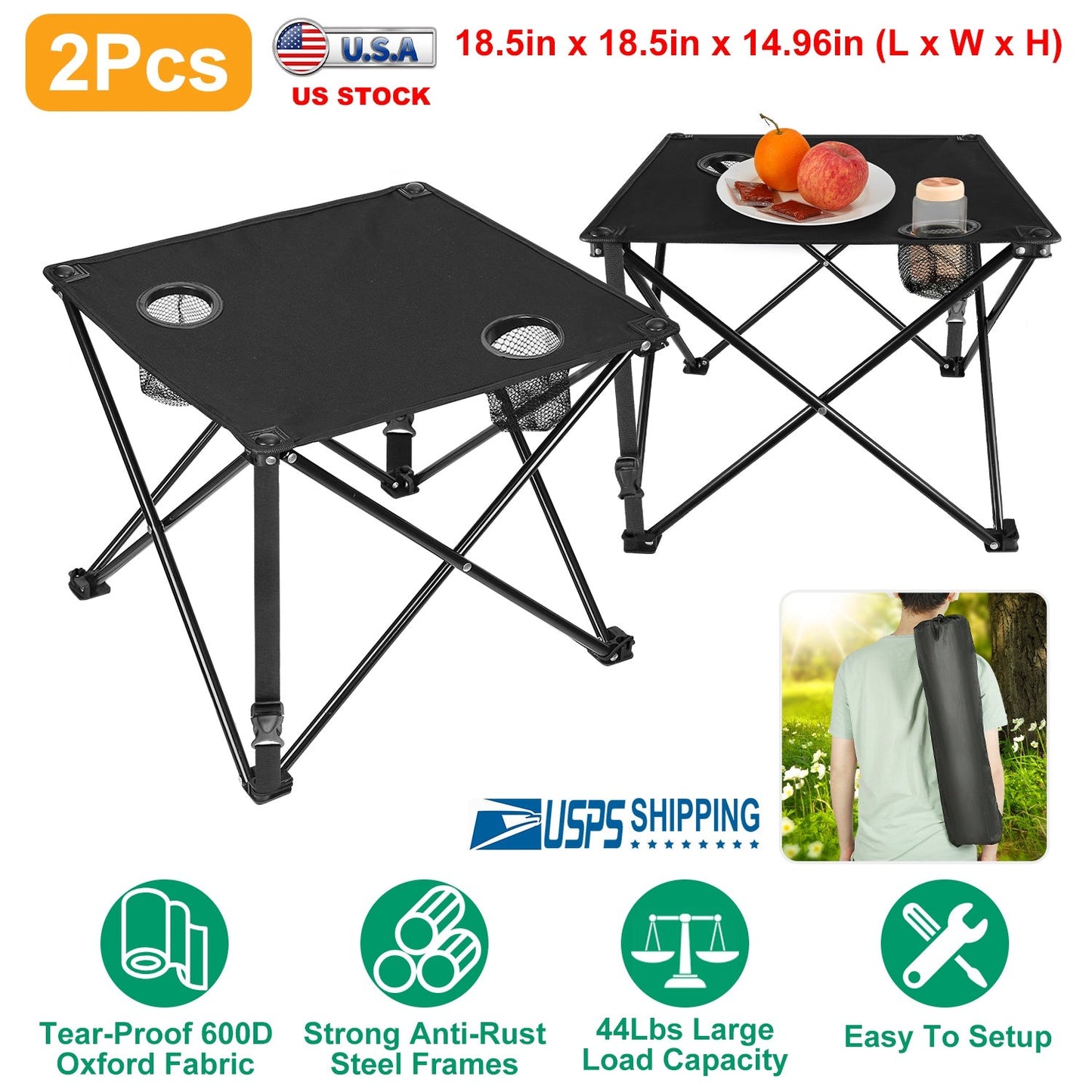 2-Pcs Foldable Camping Tables GemGear set with black Oxford fabric tops, steel frames and built-in cup holders on Tampa Home & Garden Store