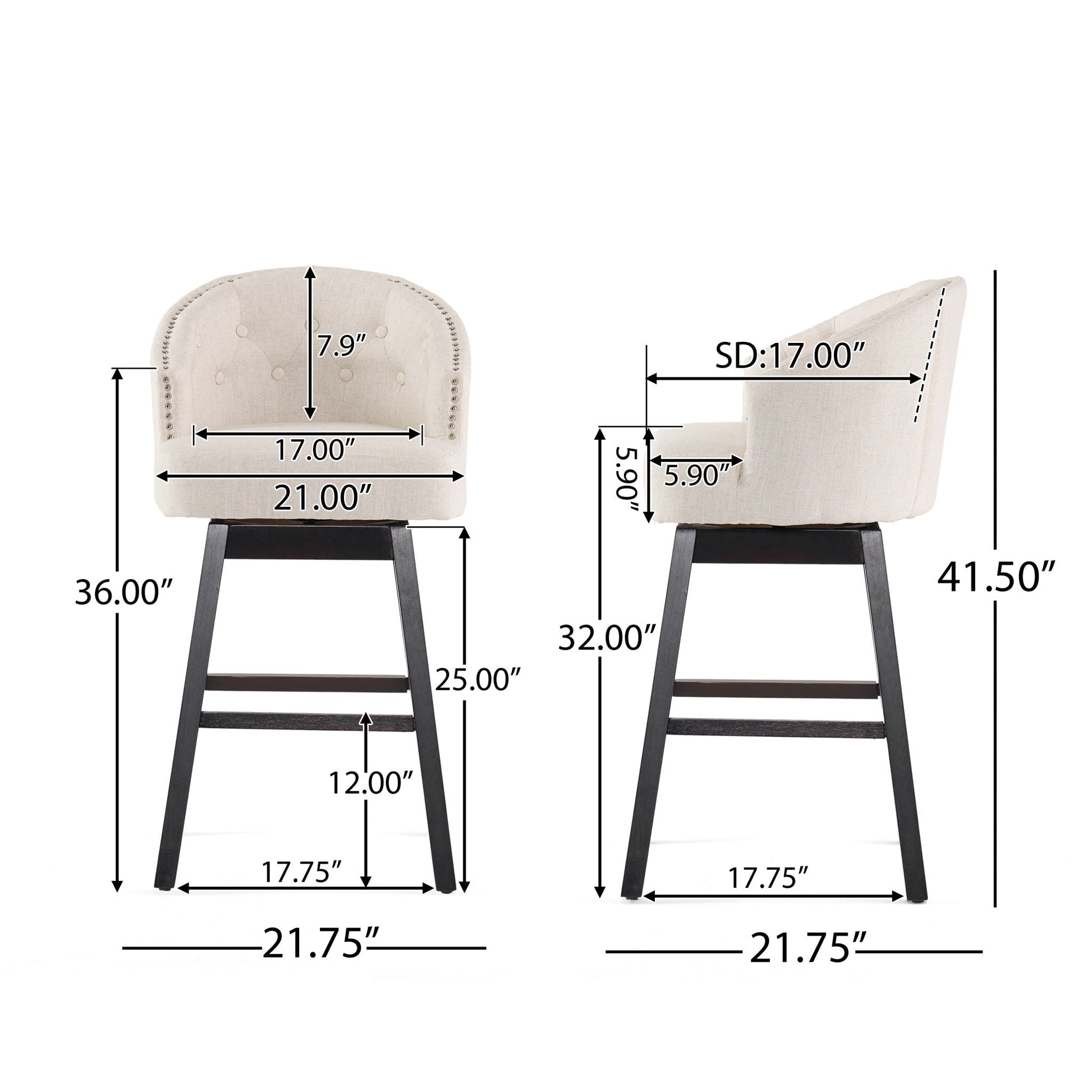 HouseOfZazla 360 Degree Swivel Bar Stool set of 2, beige fabric, nailhead trim, dark wood legs on Tampa Home & Garden Store