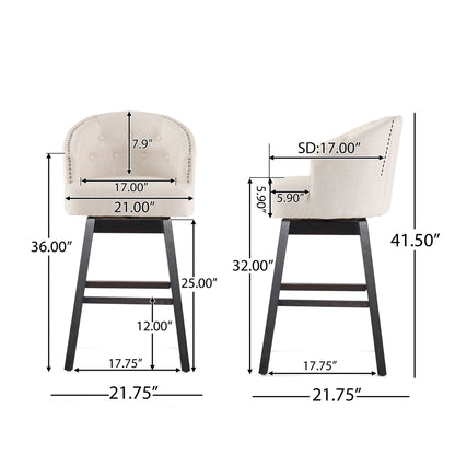 HouseOfZazla 360 Degree Swivel Bar Stool set of 2, beige fabric, nailhead trim, dark wood legs on Tampa Home & Garden Store