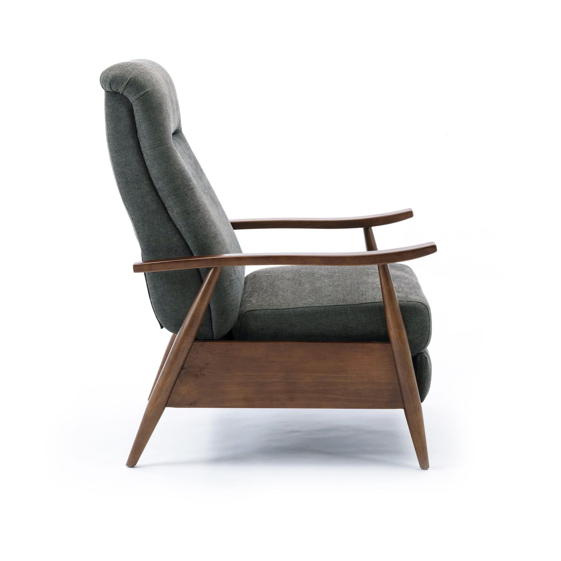 Sarasota Arm Push Back Recliner by HouseOfZazla, grey fabric with wood armrests on Tampa Home & Garden Store