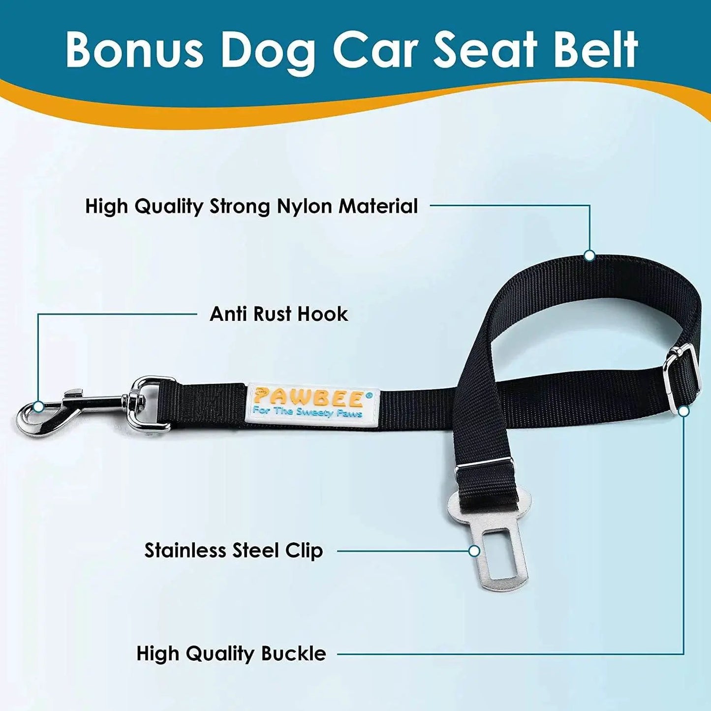 Dog car seat belt with steel clip, anti-rust hook, black nylon, PawBee label, backseat barrier on Tampa Home & Garden Store