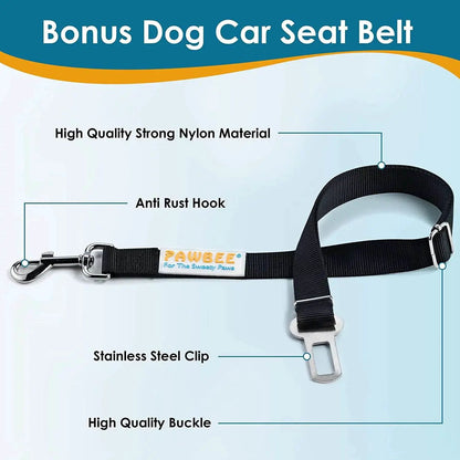 Dog car seat belt with steel clip, anti-rust hook, black nylon, PawBee label, backseat barrier on Tampa Home & Garden Store