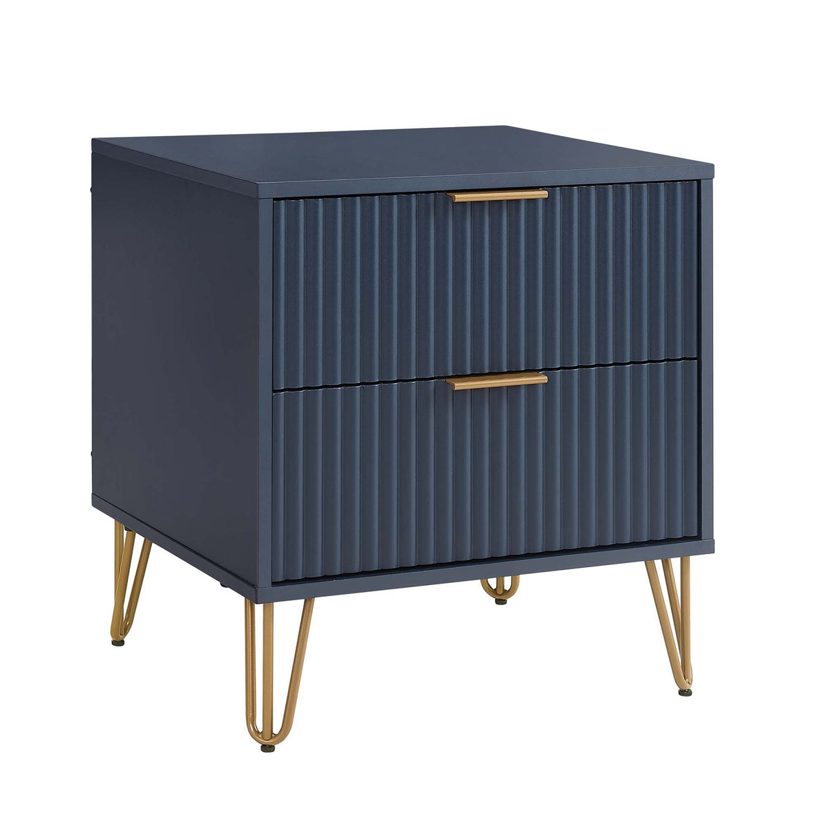 Dumbo Nightstand with 2 Drawers, navy blue fluted fronts, gold handles and legs by HouseOfZazla on Tampa Home & Garden Store