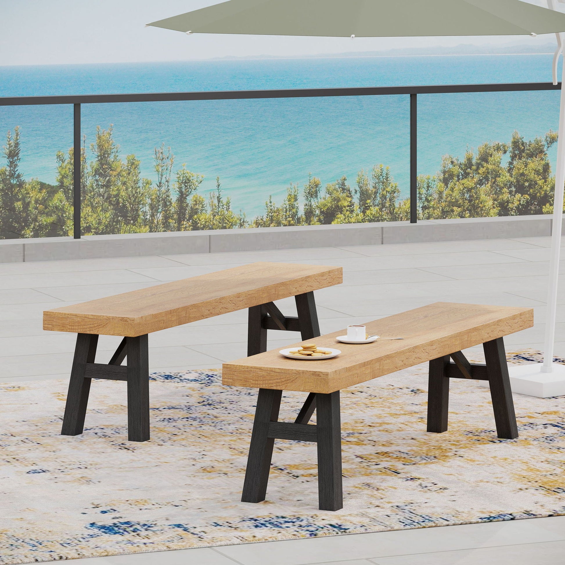 Outdoor bench with slat panel design and acacia wood frame, black legs on Tampa Home & Garden Store