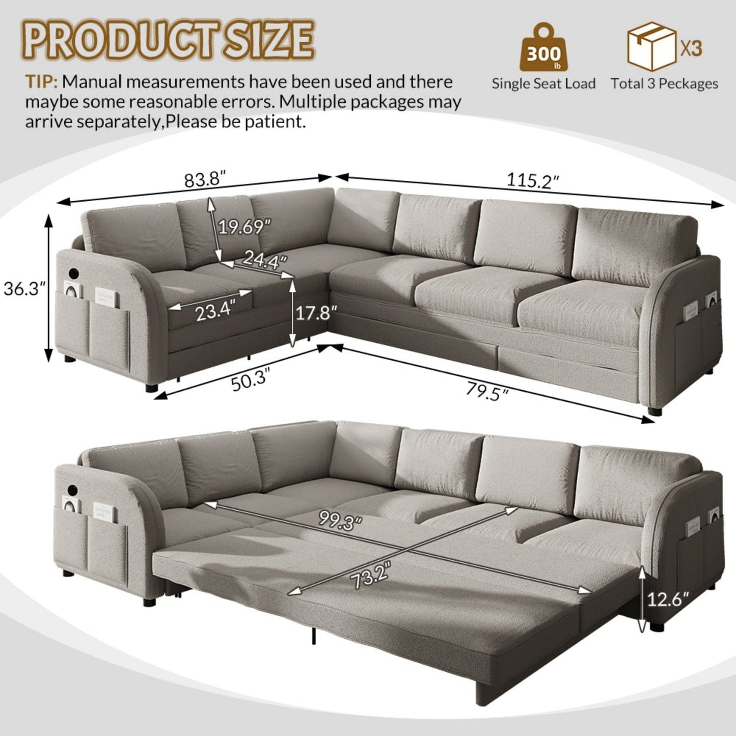L Shaped Couch With Pull Out Bed And Usb Port