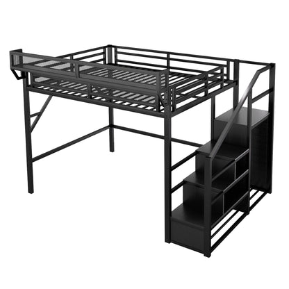 Queen size loft bed frame in black metal with stairs and built-in storage shelves on Tampa Home & Garden Store