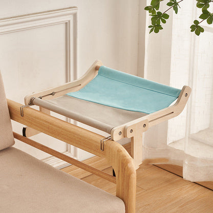 Cat hanging bed hammock in light blue and beige fabric with a wood frame by Sell My Stuff on Tampa Home & Garden Store