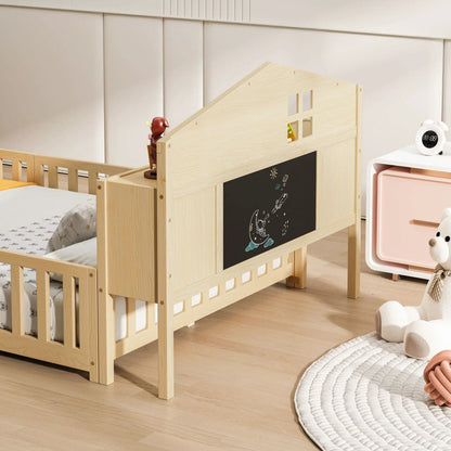 Full-size Montessori natural solid-wood floor bed with built-in bookcases and chalkboard panels on Tampa Home & Garden Store