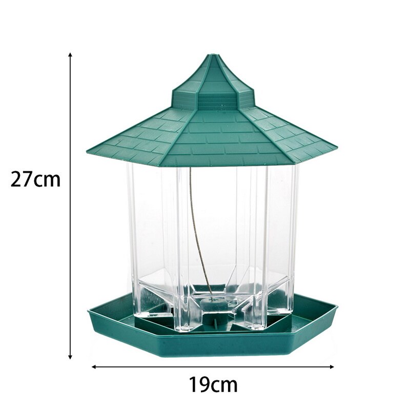 Outdoor balcony bird feeder, waterproof, green pagoda roof, clear plastic body, 27cm tall on Tampa Home & Garden Store