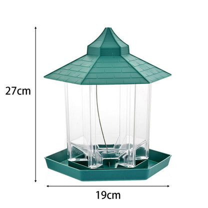 Outdoor balcony bird feeder, waterproof, green pagoda roof, clear plastic body, 27cm tall on Tampa Home & Garden Store