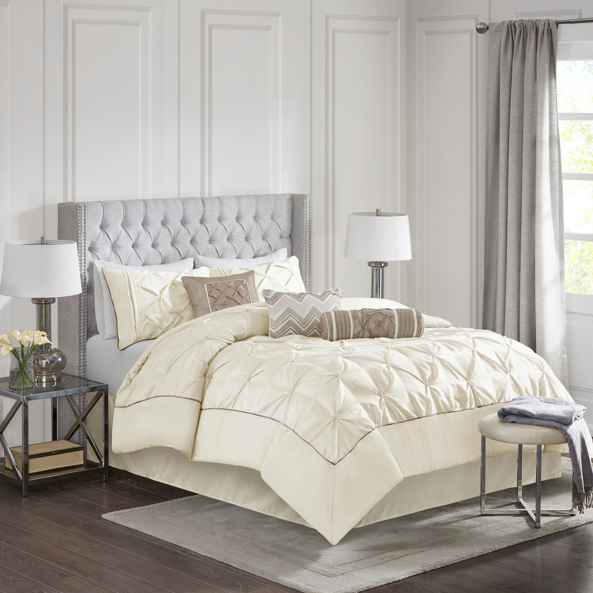 7 Piece Tufted Ivory Comforter Set Cal King by HouseOfZazla, quilted cream bedding on Tampa Home & Garden Store