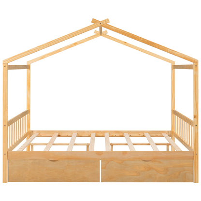 Full Size House Platform Bed with Two Drawers,Headboard and Footboard Roof Design Natural