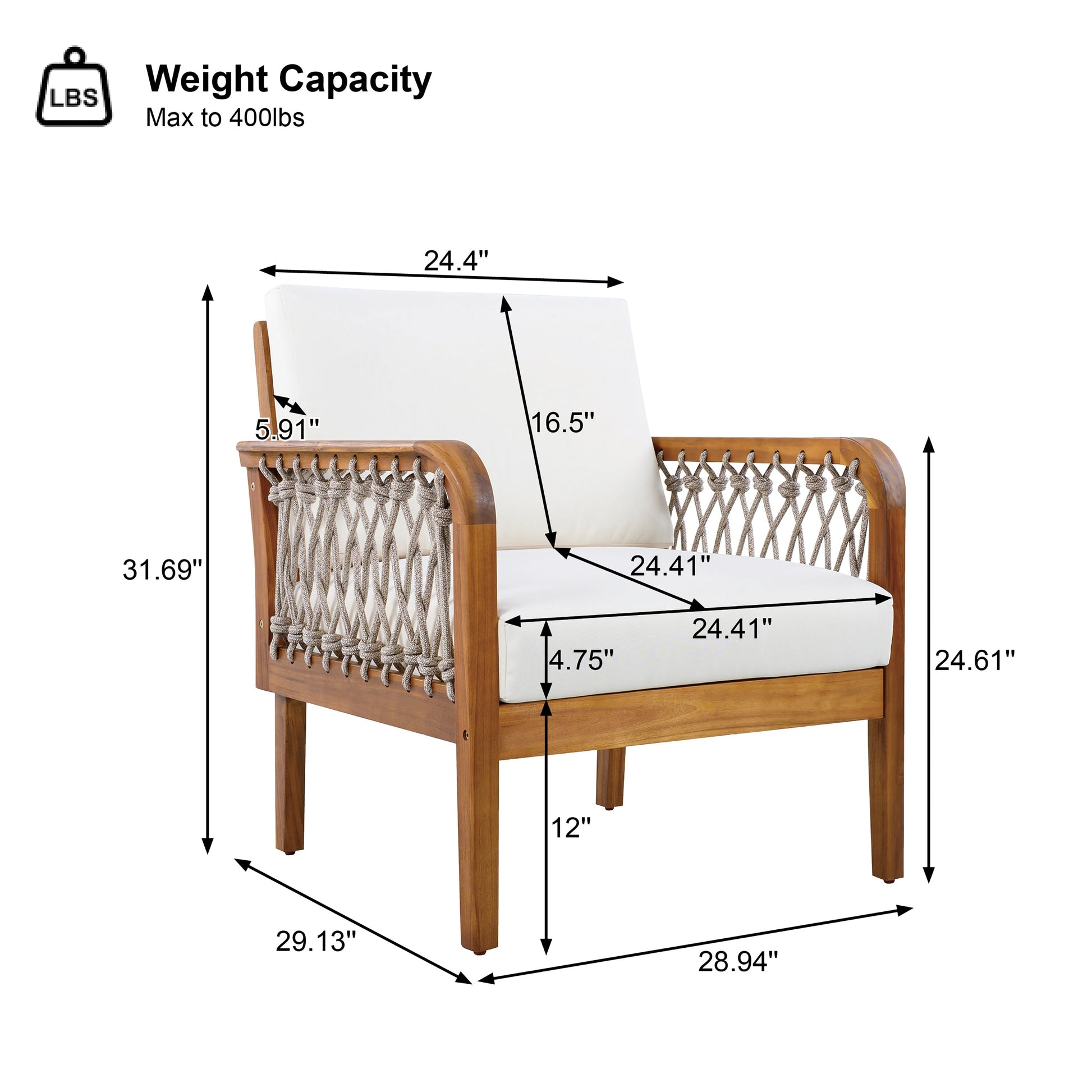 Outdoor Acacia Wood Club Chair with handwoven rope, teak finish by HouseOfZazla on Tampa Home & Garden Store