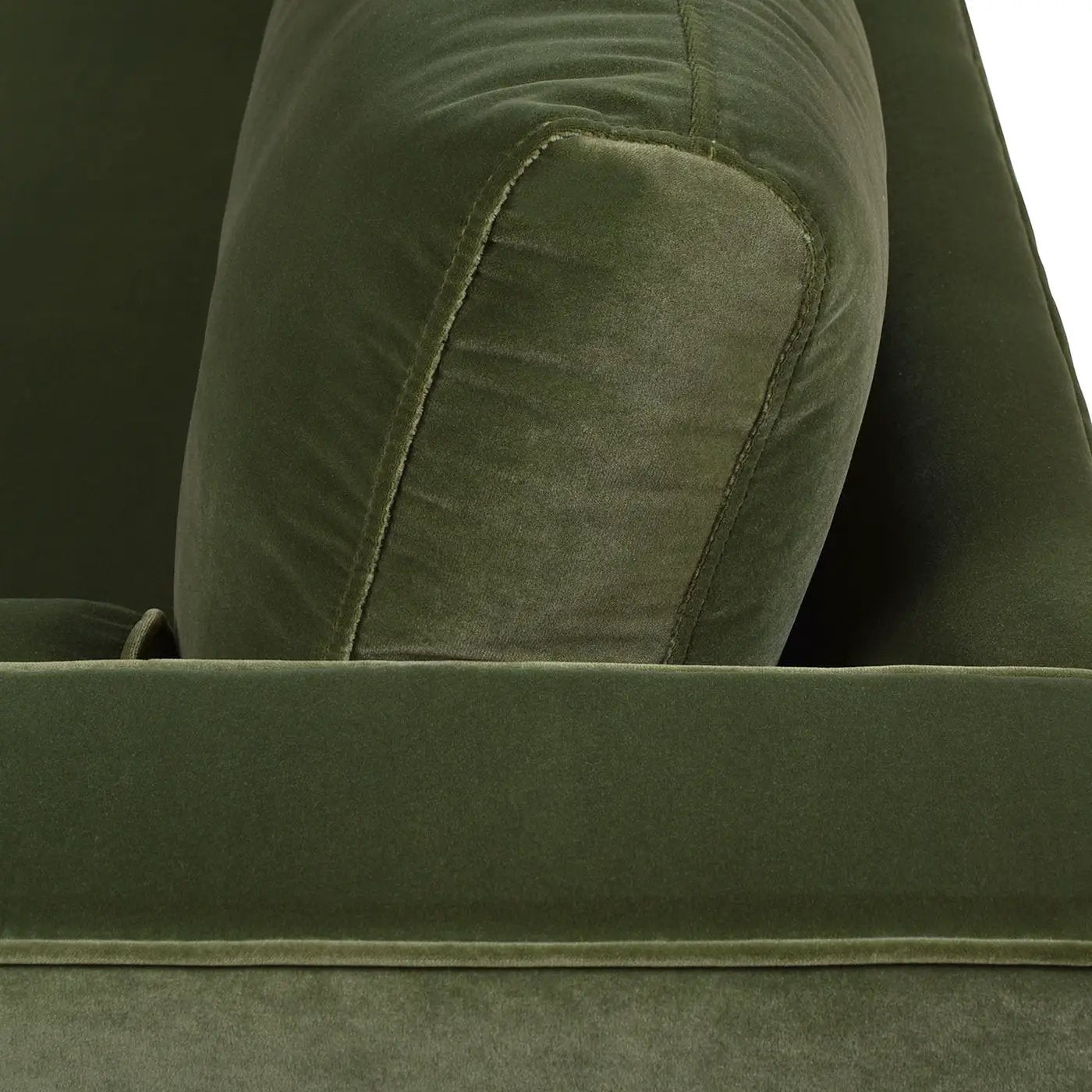 Nicholi mid-century modern olive green velvet sofa close-up of armrest and cushion on Tampa Home & Garden Store