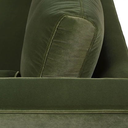 Nicholi mid-century modern olive green velvet sofa close-up of armrest and cushion on Tampa Home & Garden Store