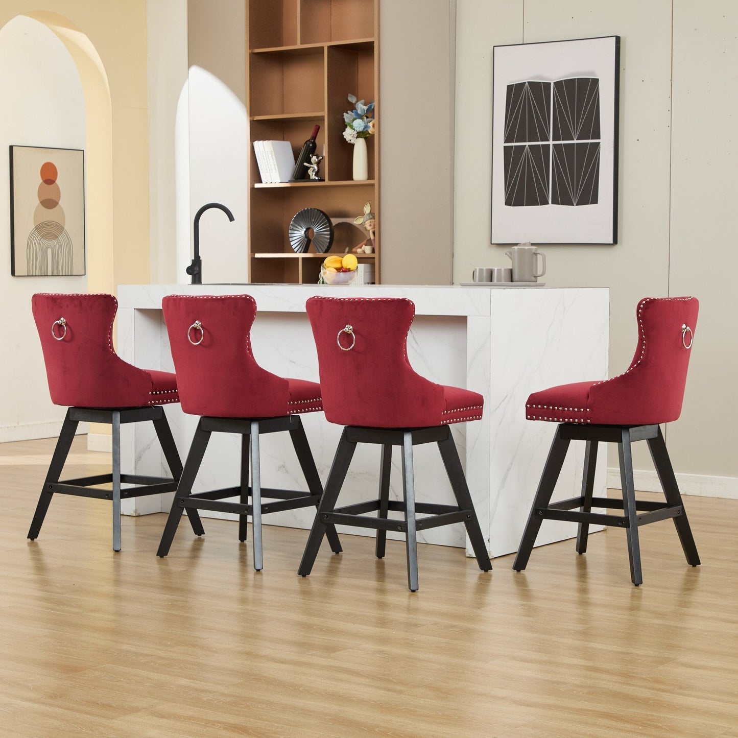 Swivel velvet barstools wine red with nailhead trim and black metal legs HouseOfZazla on Tampa Home & Garden Store