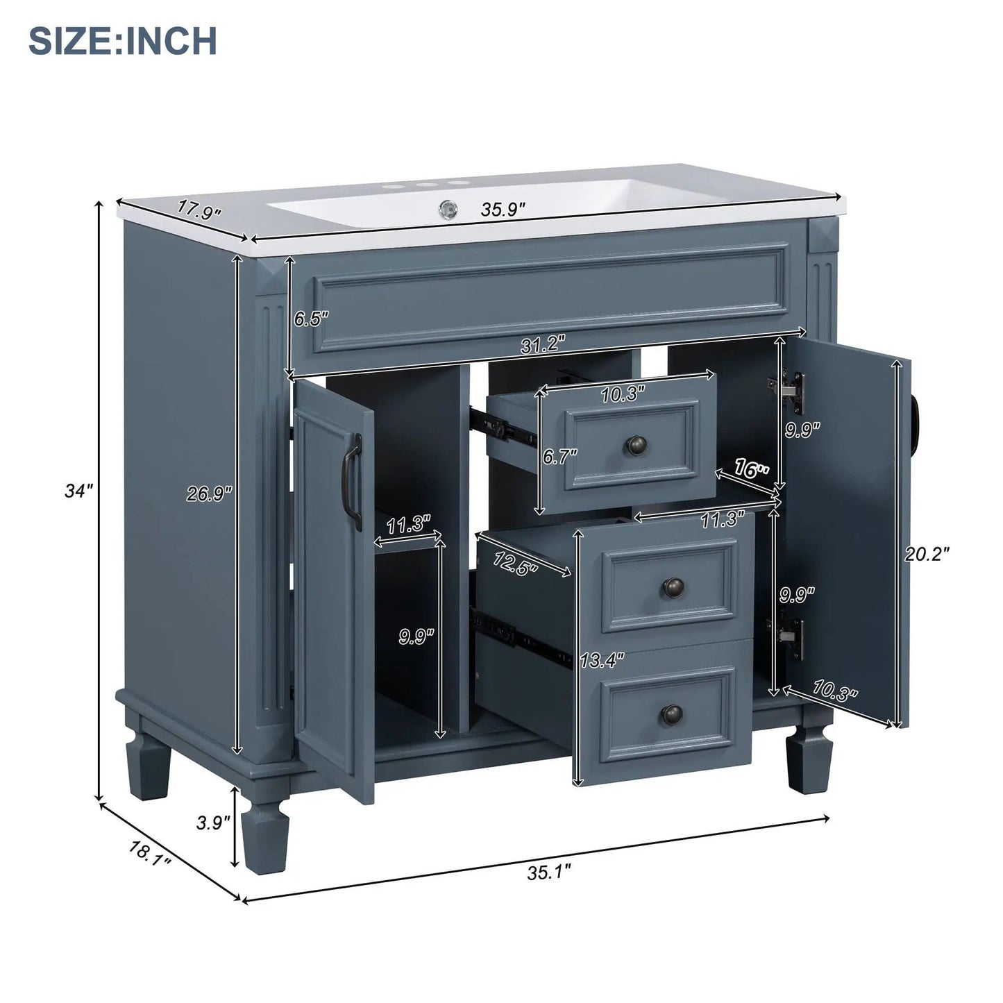 Bathroom vanity with top sink, mirror cabinet, 2 soft-closing doors and 2 drawers in blue on Tampa Home & Garden Store