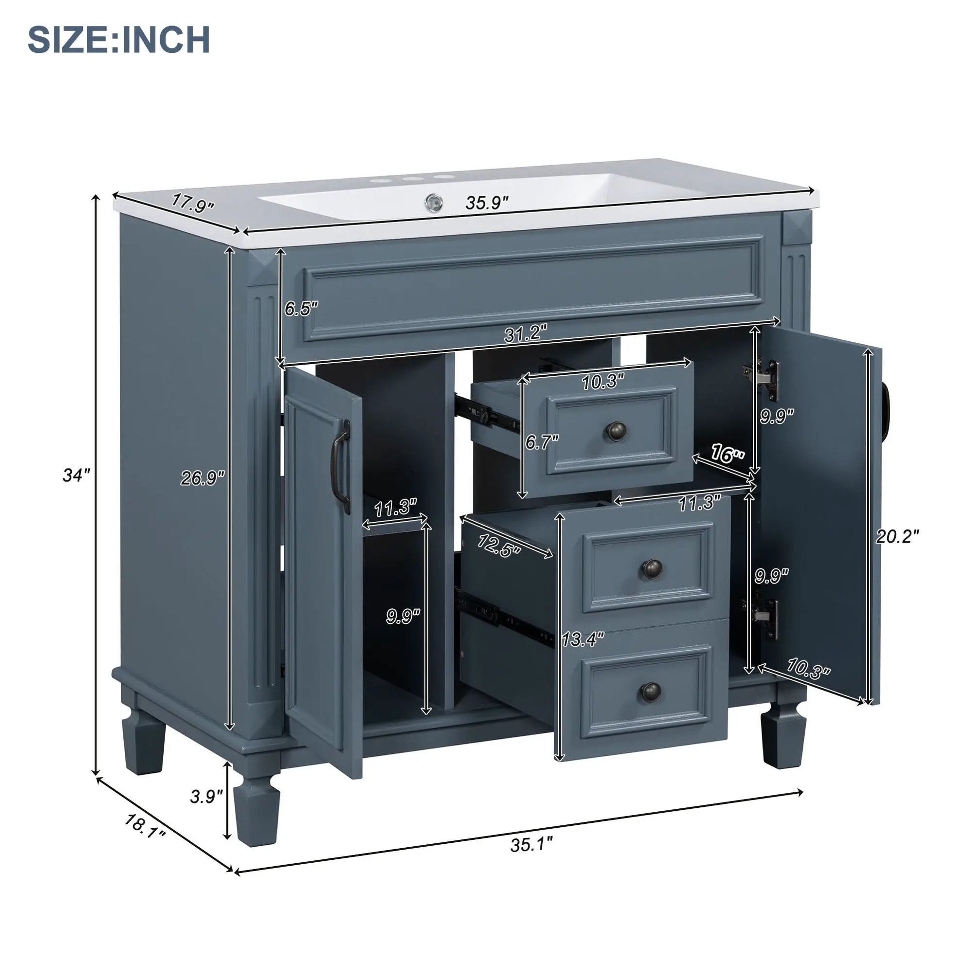 Bathroom vanity with top sink, mirror cabinet, 2 soft-closing doors and 2 drawers in blue on Tampa Home & Garden Store