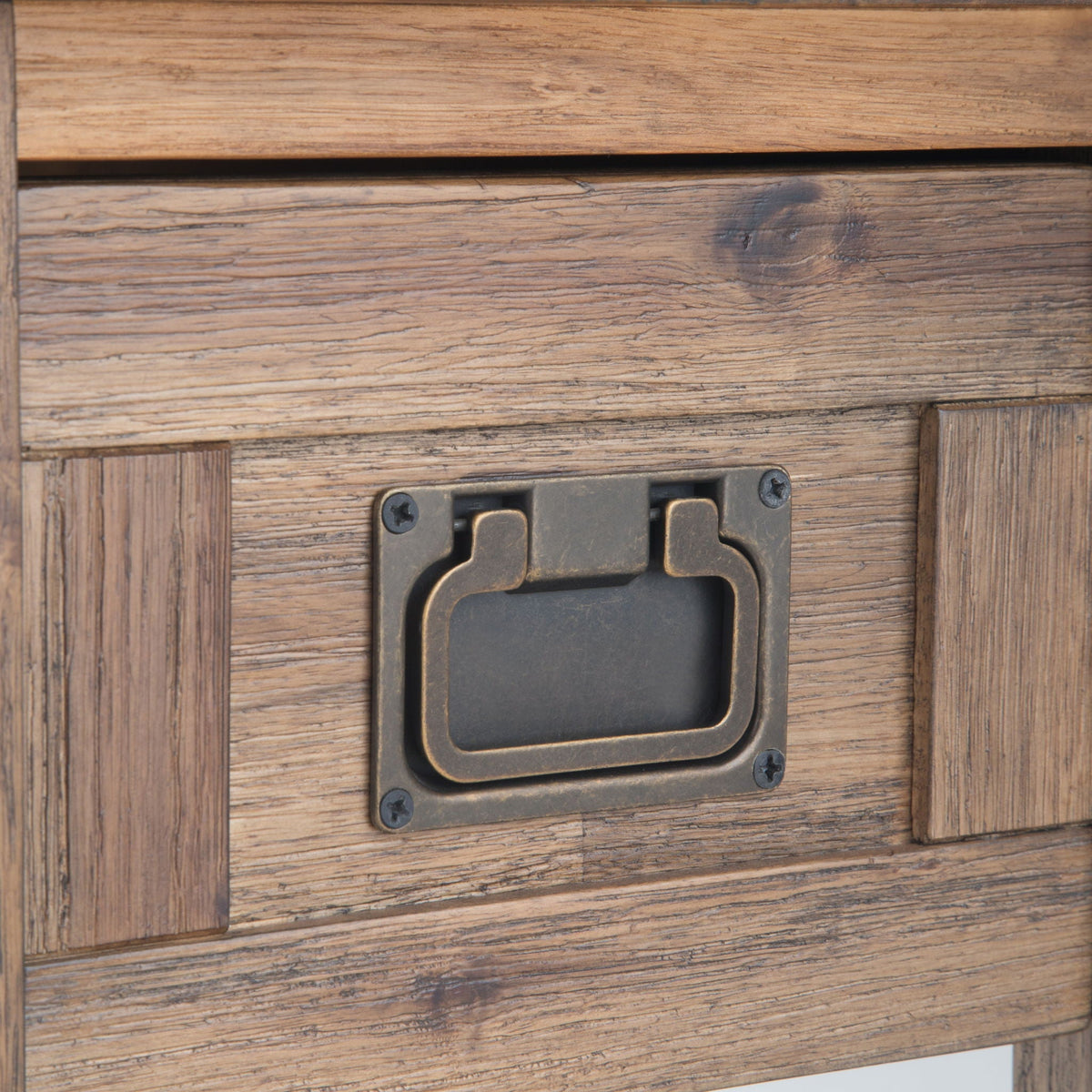 Monroe Solid Acacia Side Table for Living with rustic wood grain and dark metal hardware on Tampa Home & Garden Store