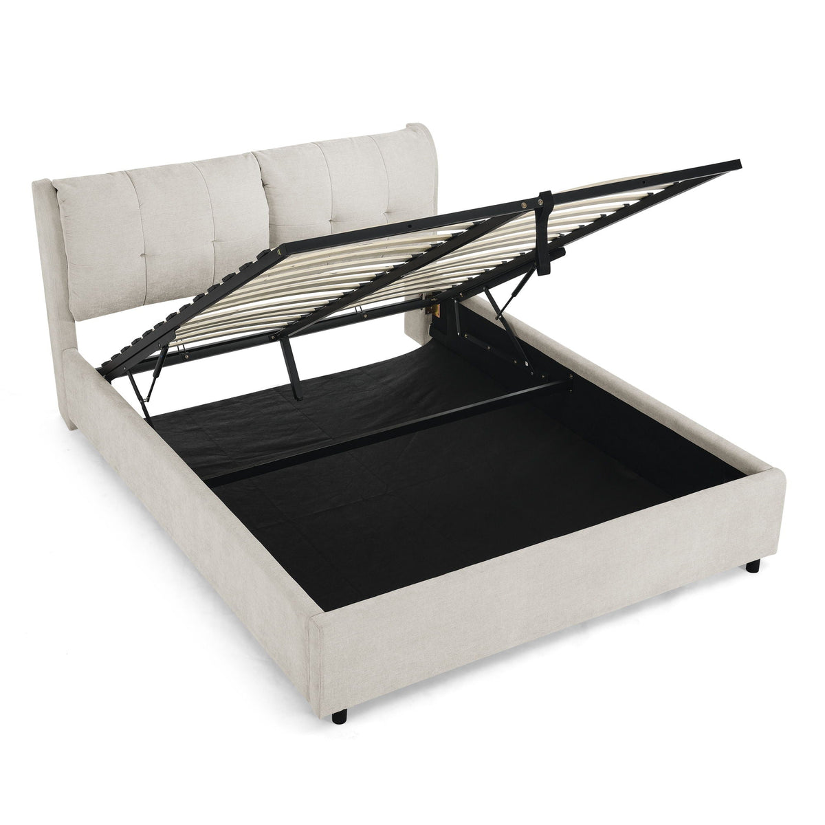 Storage upholstered hydraulic platform bed with headboard in beige fabric and lift storage on Tampa Home & Garden Store