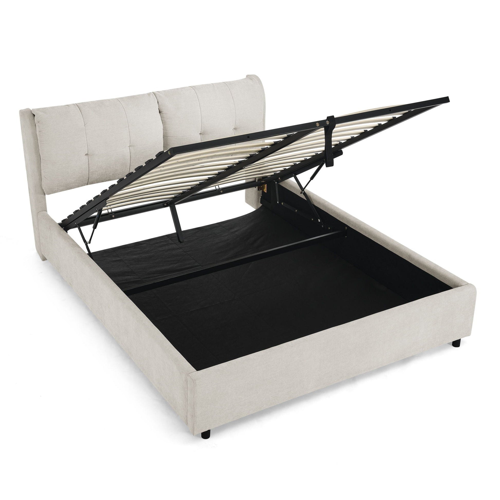 Storage upholstered hydraulic platform bed with headboard in beige fabric and lift storage on Tampa Home & Garden Store