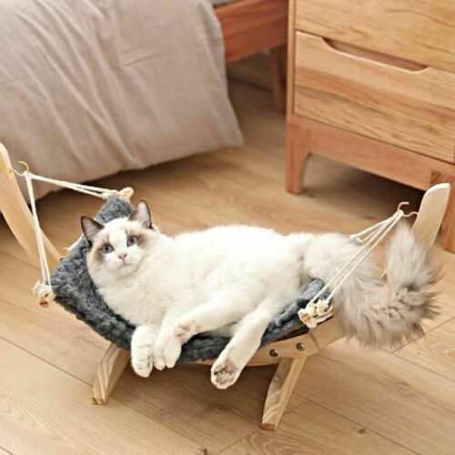 Solid wood pet hammock bed with plush nest, cat lounging in hanging bed by Sell My Stuff on Tampa Home & Garden Store