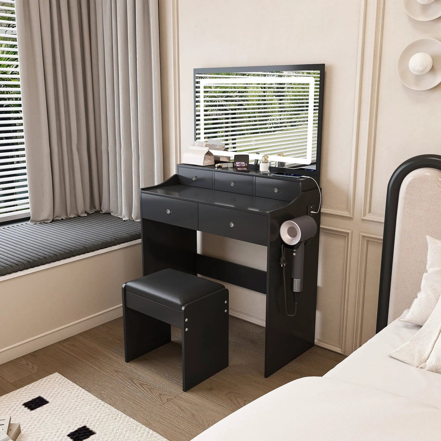 Modern makeup vanity set in black with hair dryer holder, power outlet and adjustable lighting on Tampa Home & Garden Store