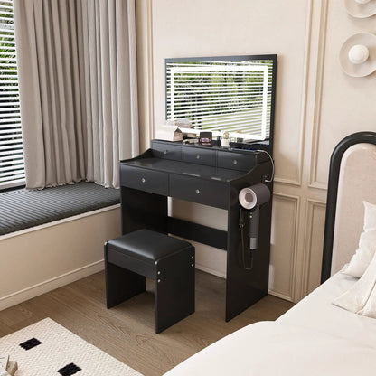 Modern makeup vanity set in black with hair dryer holder, power outlet and adjustable lighting on Tampa Home & Garden Store