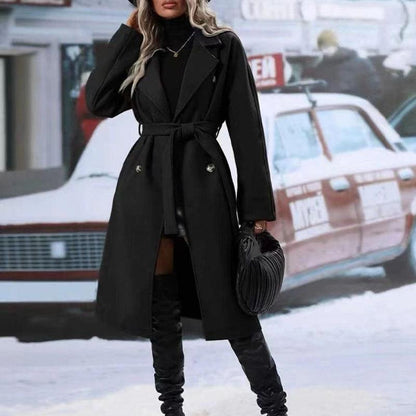 Stevvex womens black trench coat with notched lapel, belt, double-breasted long outerwear on Tampa Home & Garden Store