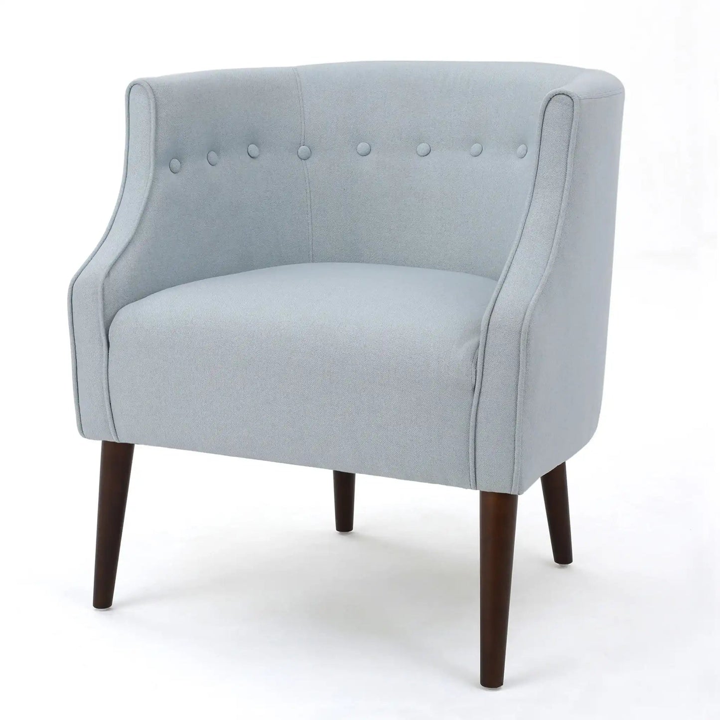 Contemporary upholstered club chair with button tufting in gray fabric, dark wood legs on Tampa Home & Garden Store