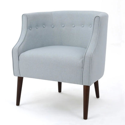 Contemporary upholstered club chair with button tufting in gray fabric, dark wood legs on Tampa Home & Garden Store